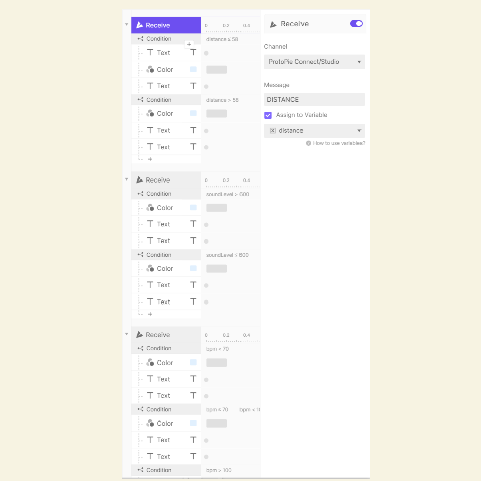 We refined interaction logic in ProtoPie by mapping sensor values to lighting responses.